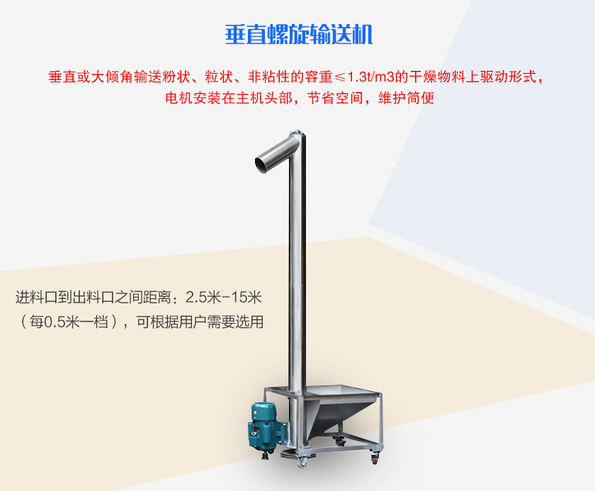 垂直或大傾角輸送粉狀、粒狀、非粘性的容重≤1.3t/m3的干燥物料上驅動形式，電機安裝在主機頭部，節(jié)省空間，維護簡便