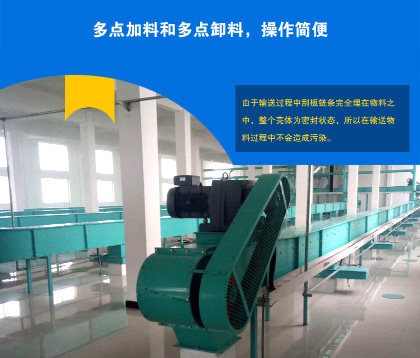 埋刮板輸送機(jī)可多點(diǎn)加料、卸料，輸送距離長(zhǎng)