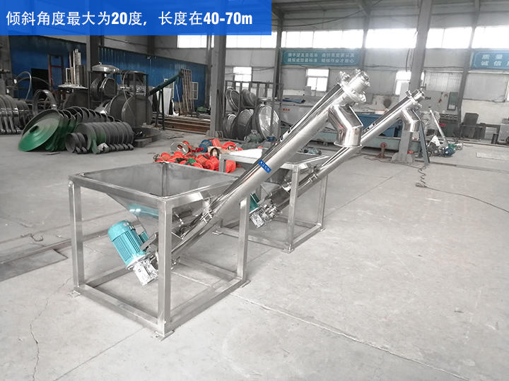 GX型絞龍輸送機傾斜角度最大為20度，長度在40-70m